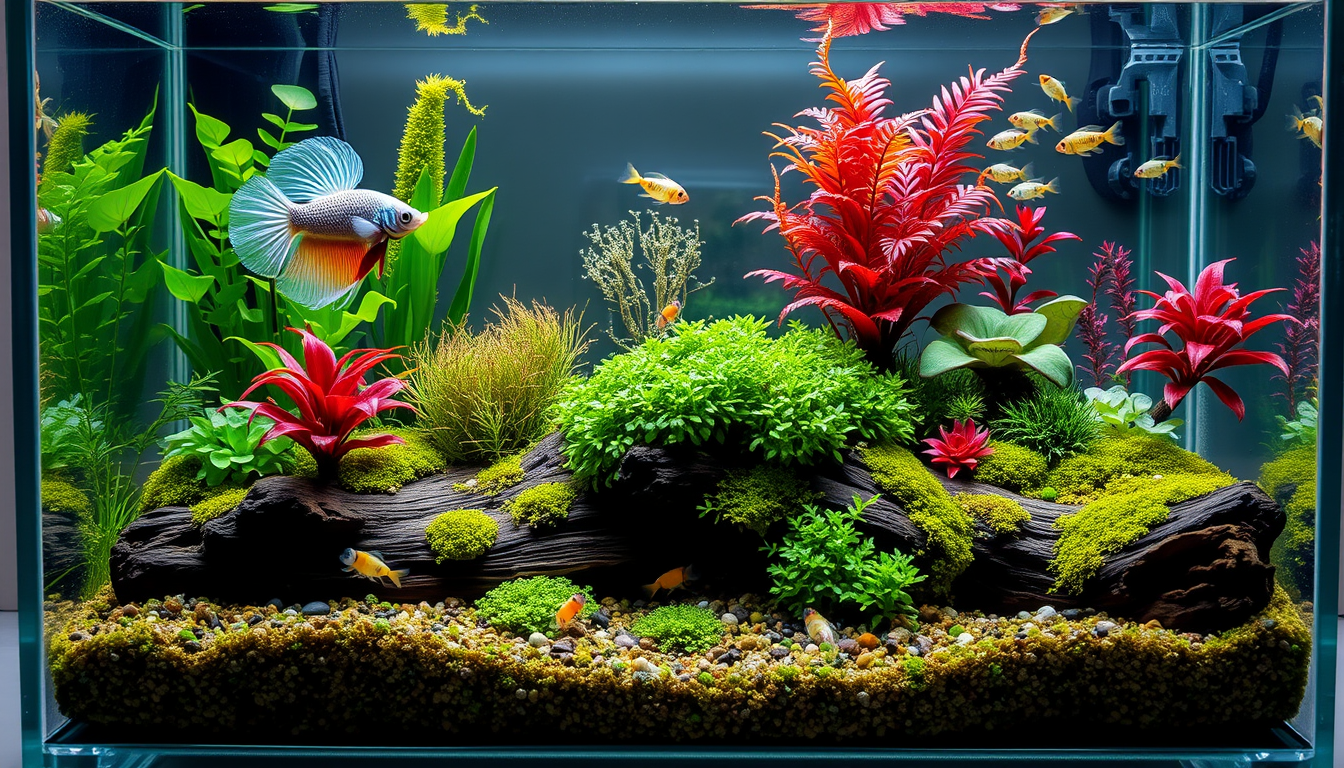 Main art studio: A realistic 90 litre planted aquarium, 45cm cube tank. A beautiful aquascape with Anubias, Cryptocoryne, Rotala, Alternanthera Reineckii red plants, C