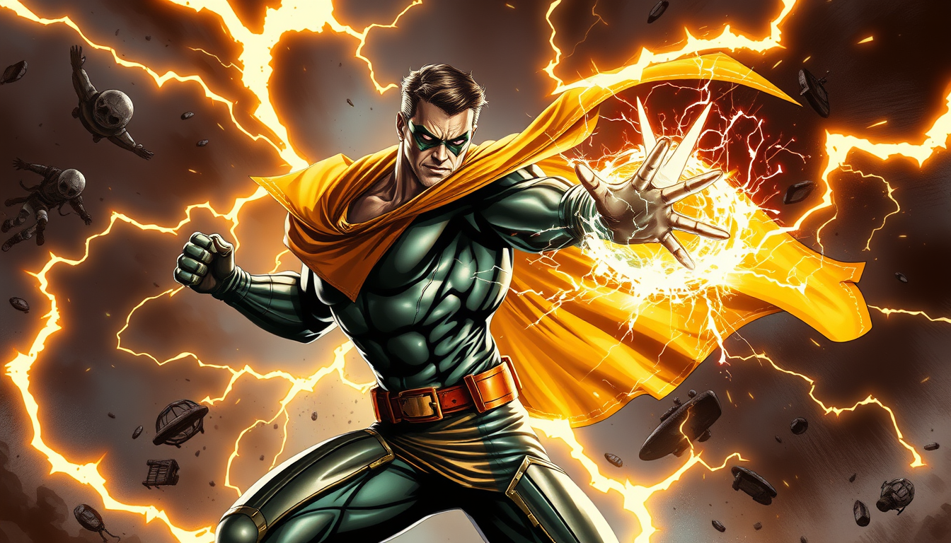 Superhero idea created from the prompt: original superhero character design, dynamic pose, bold costume, dramatic lighting, comic art energy, fais un super héros stylée qui utilise