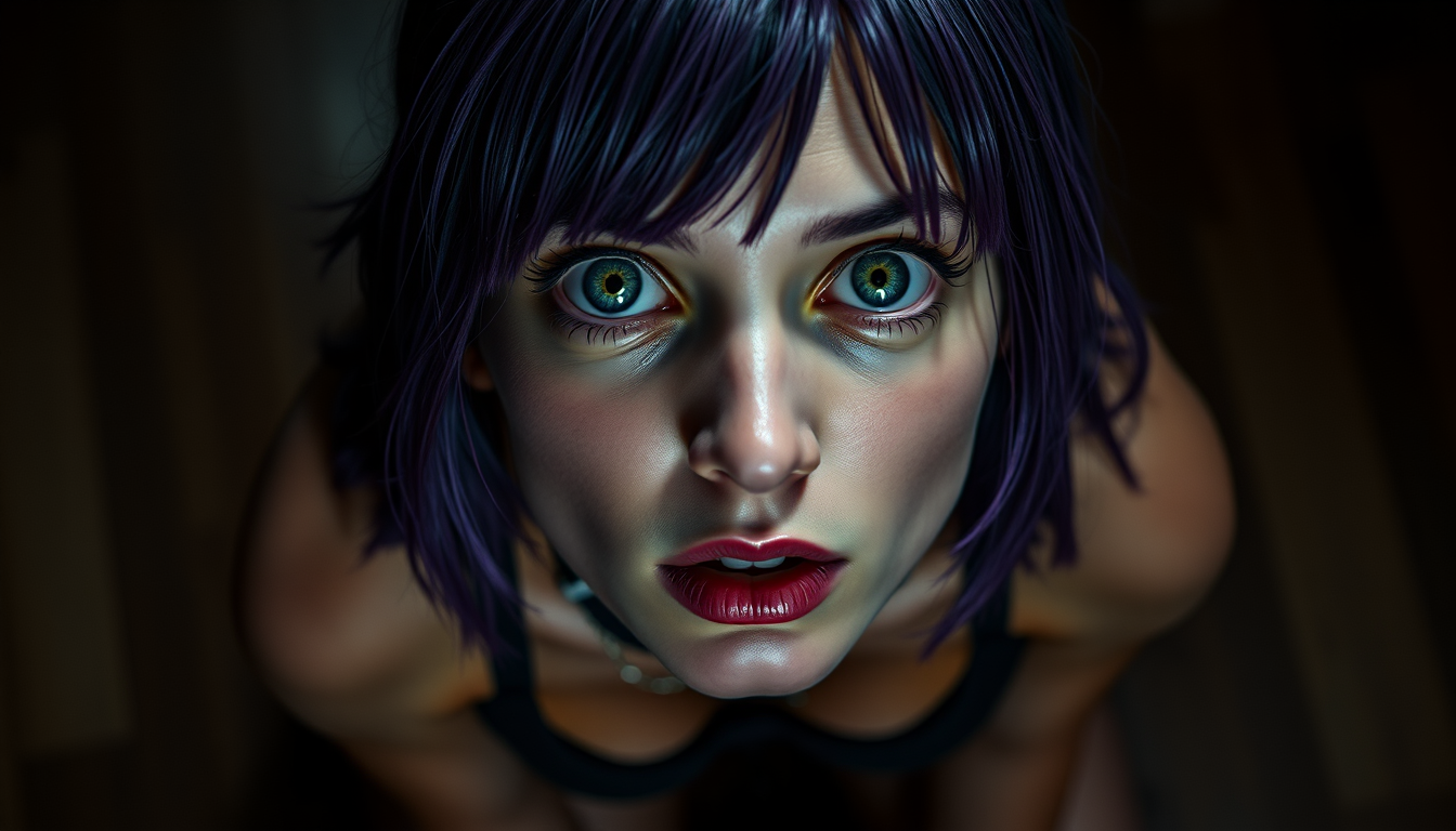 Main art studio: Same woman, purple-violet hair pulled back, green eyes wide and wet, looking up from knees on dark hardwood floor. Collar around neck, small tag. 36D
