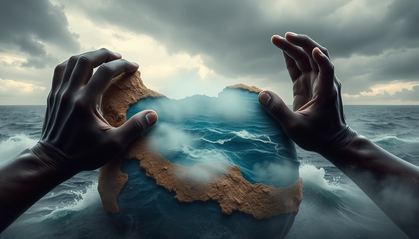 Main art studio: Cinematic emotional poster: a recognizable map of Iran made of earth and stone embraces the Caspian Sea like a beloved part of its homeland. Huge dark