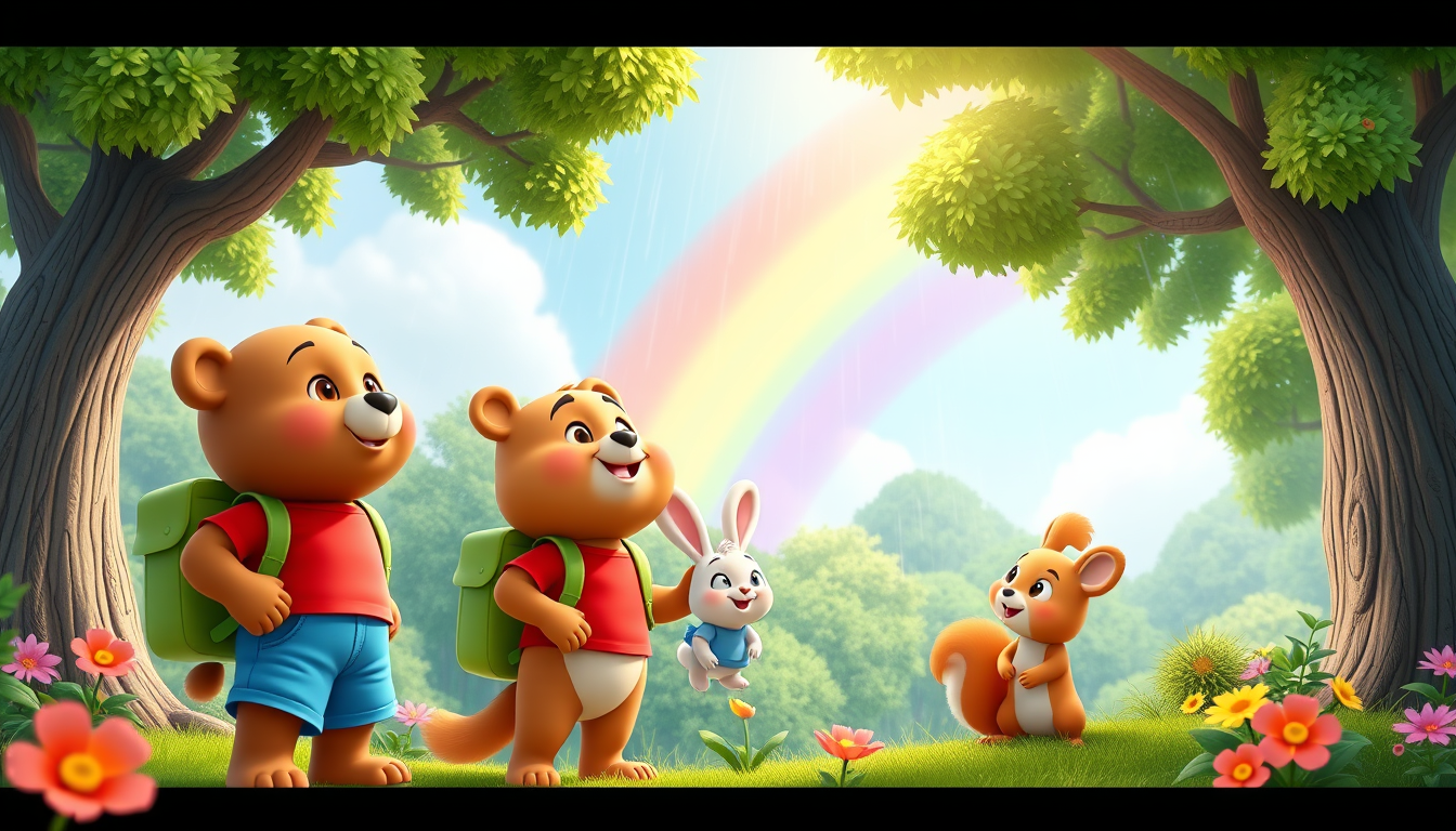 Main art studio: 3D animated children's cartoon. Bruno, a cute brown bear wearing a red T-shirt, blue shorts, and green backpack, Benny, a small white rabbit in a blue