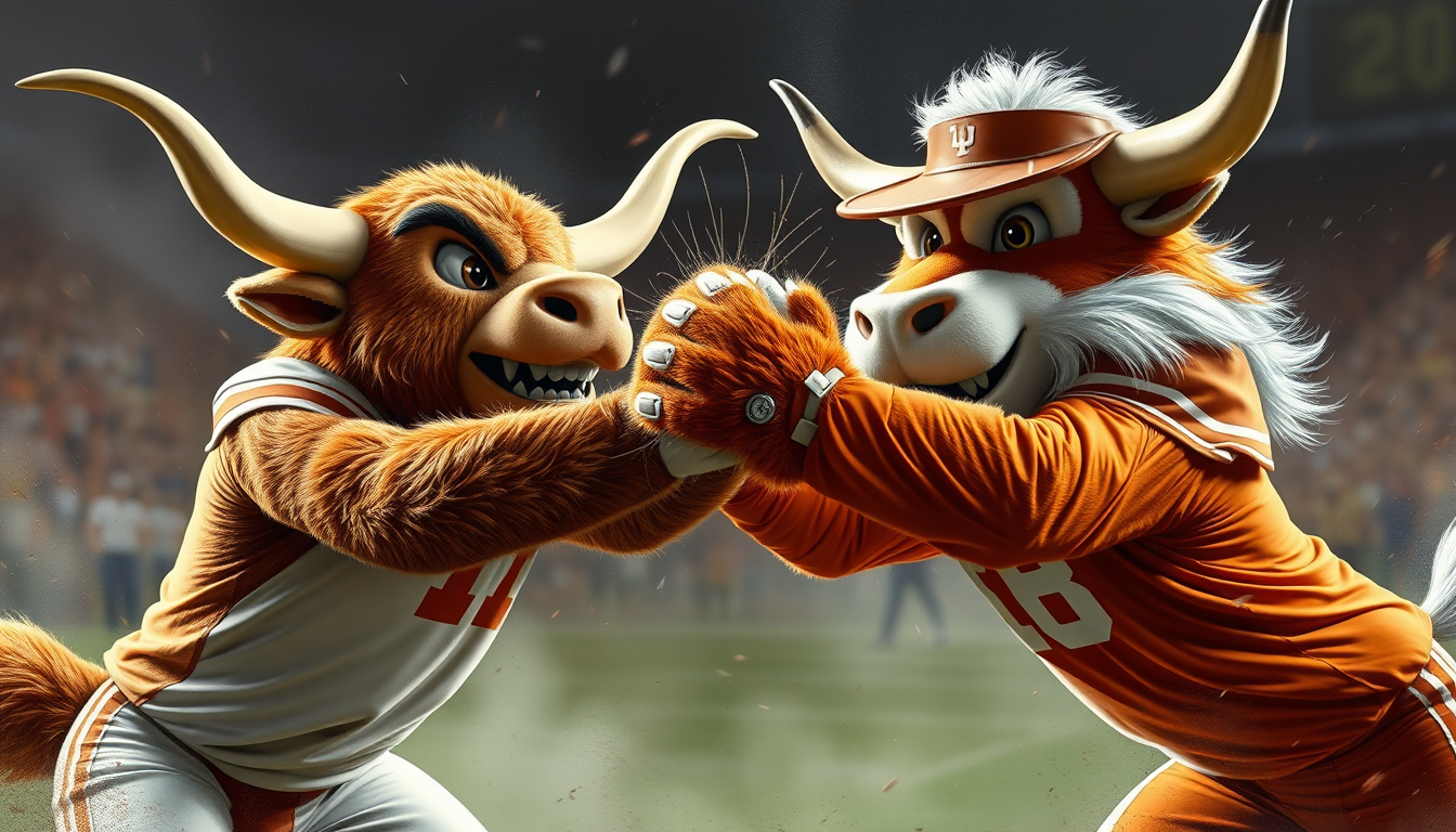 Main art studio: In the style of fantasy art, create an image of the Texas Longhorns mascot defeating the Ohio State Mascot. Ensure both mascot's faces are visible, an