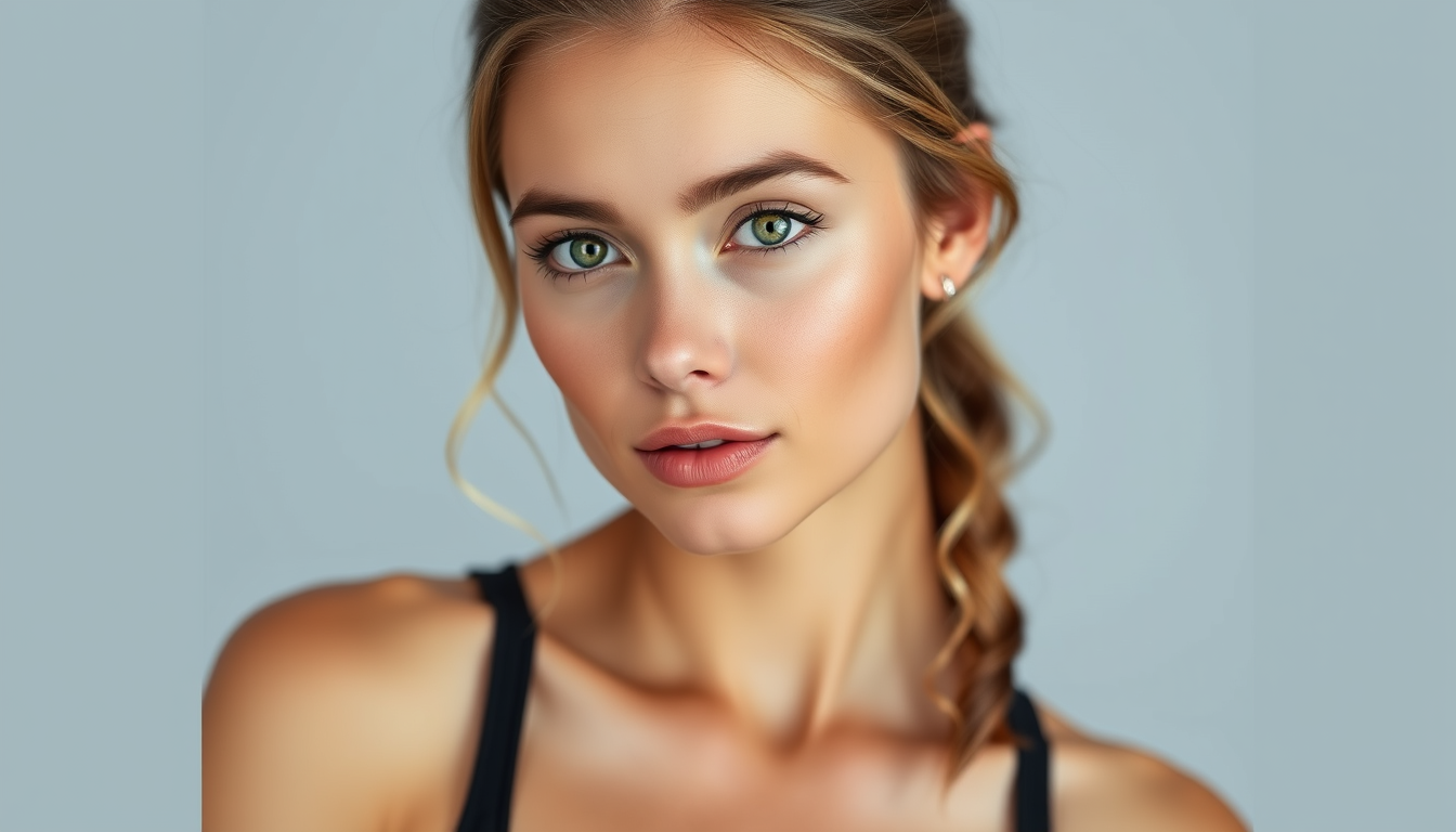 Main art studio: Mujer de 22 años, pelo castaño ondulando, ojos verdes, figura deportiva definida, buenos senos y con buen trasero, piel tono medio, con labios carnoso