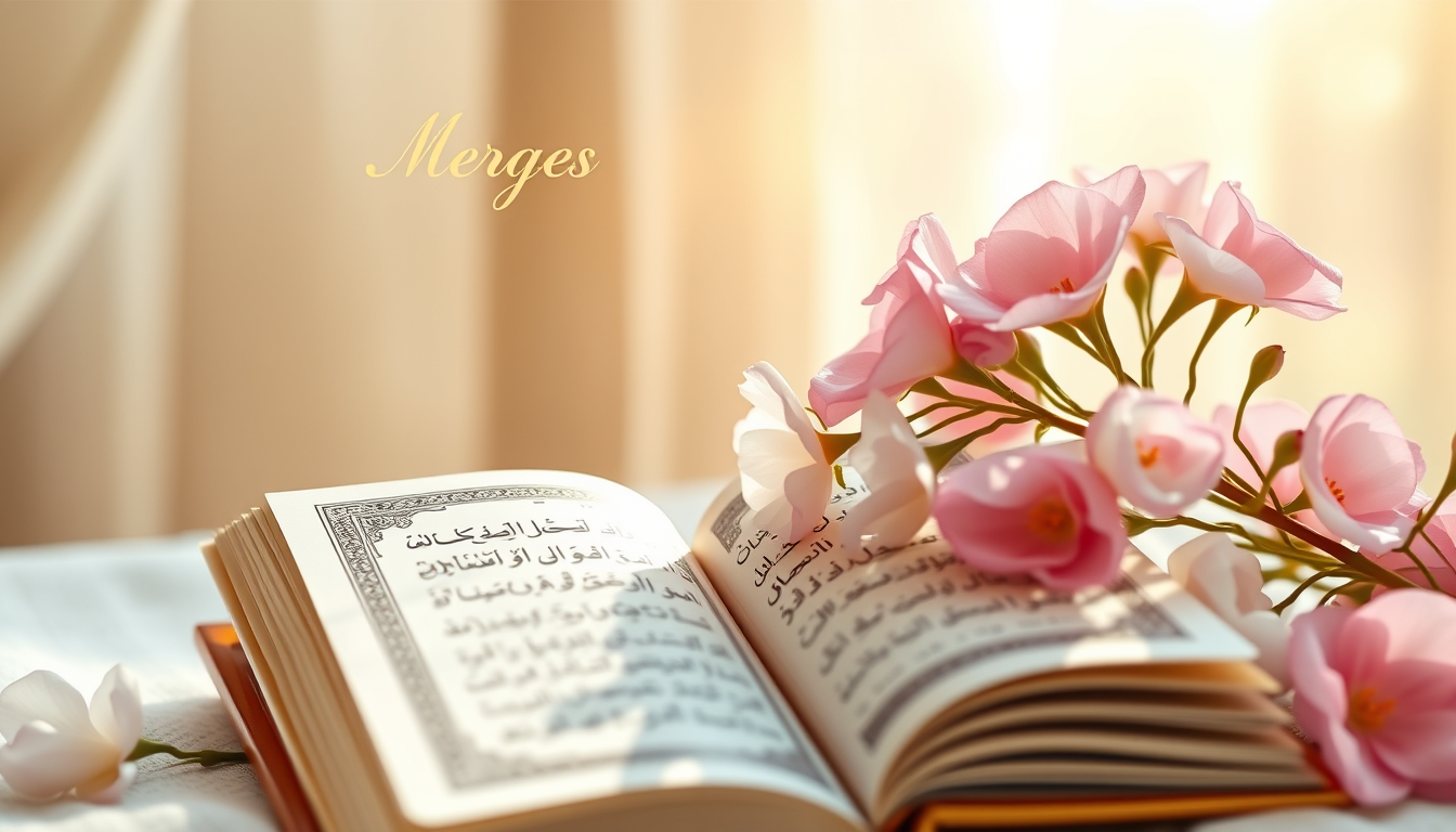 Main art studio: Photorealistic Islamic morning greeting, elegant open Quran, soft white and pink flowers, warm sunlight, dreamy background, thin gold frame, luxurious