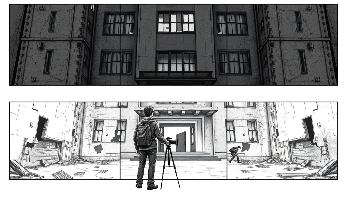 Storyboard idea created from the prompt: storyboard panels, cinematic shot sequence, clear camera angles, grayscale sketch layout, readable scene flow, wo young men with backpacks a