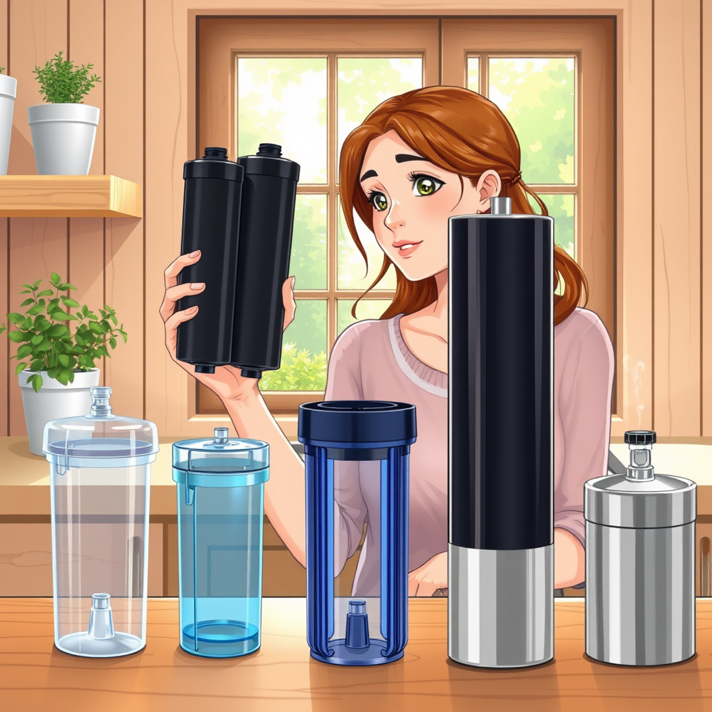 Main art studio: Realistic friendly Western illustration, not anime, manga or Japanese comic. A woman in a natural wooden kitchen holds two black cylindrical water fil