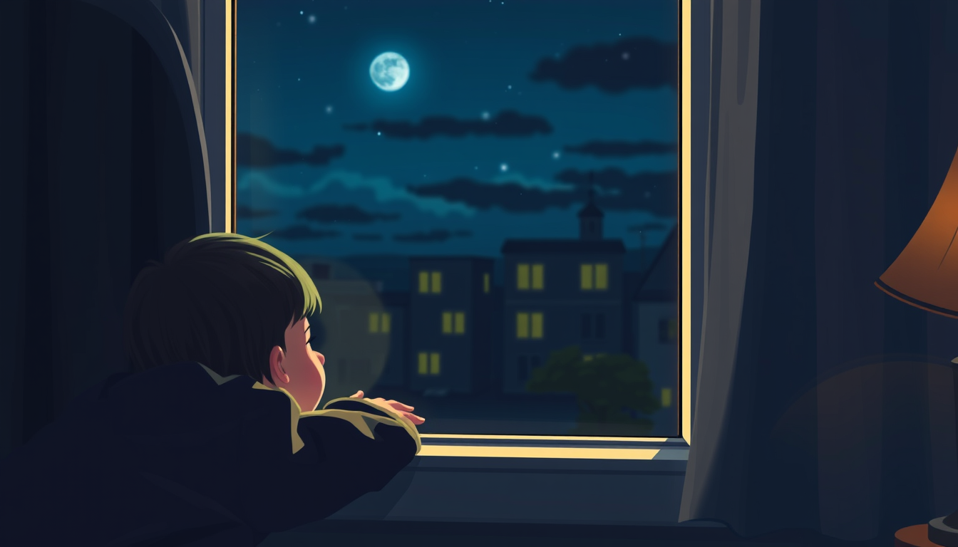 Main art studio: at night in the room, a child looks out the window, his face is not visible, he hangs on top, next to him another child looks with admiration