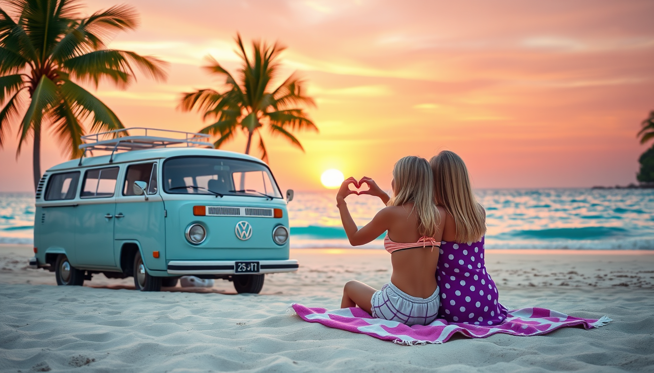 Main art studio: Square 1:1 realistic summer beach scene at sunset. A vintage light-blue VW T1 bus stands near a tropical beach with palm trees. In the foreground, two