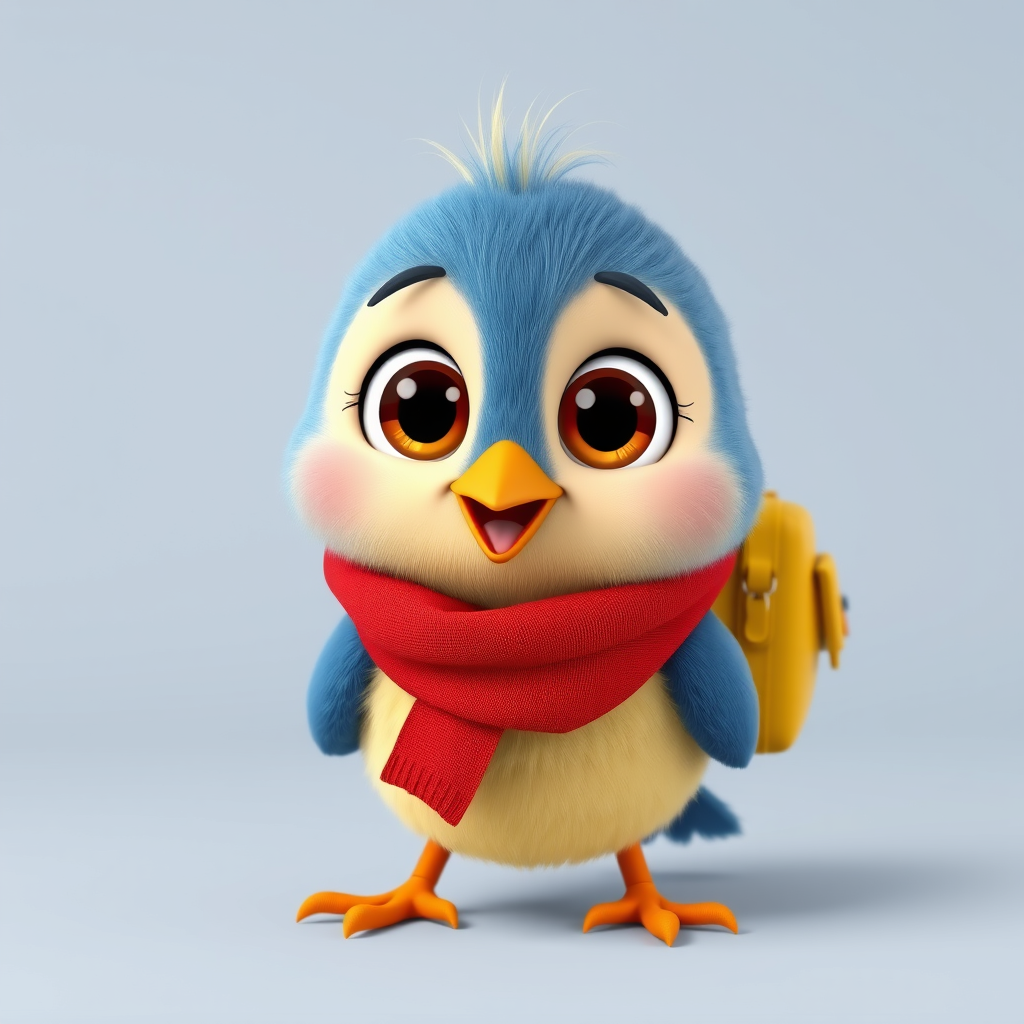 Main art studio: Cute original 3D cartoon baby bird named Bobby. Small, round blue-and-yellow fluffy bird, huge expressive brown eyes, tiny orange beak and feet, short