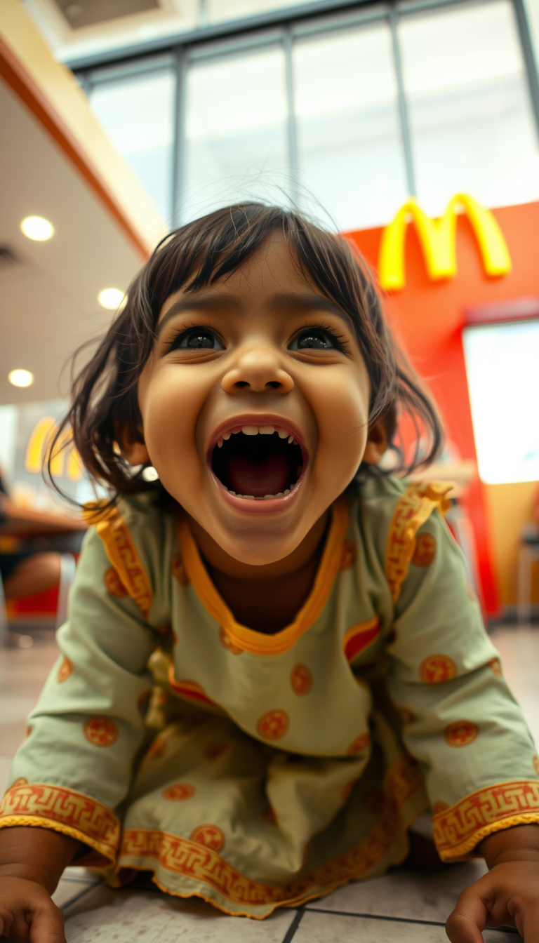 Main art studio: little indian girl in a mcdonalds on her knees with mouth open wide, angle from above looking down on the person