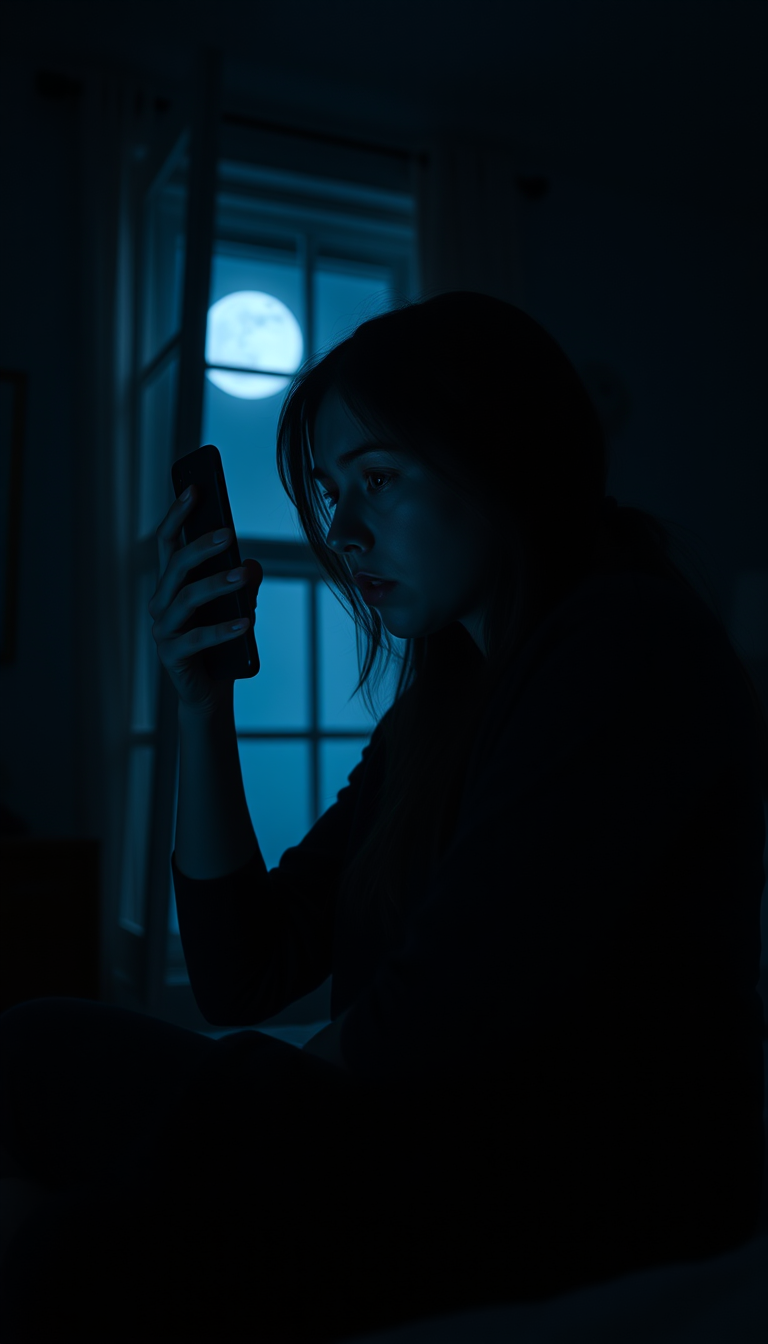 Main art studio: Same young adult woman and same dark bedroom from the reference image. It is exactly 3:17 AM. She is holding the same smartphone close to her ear, ans