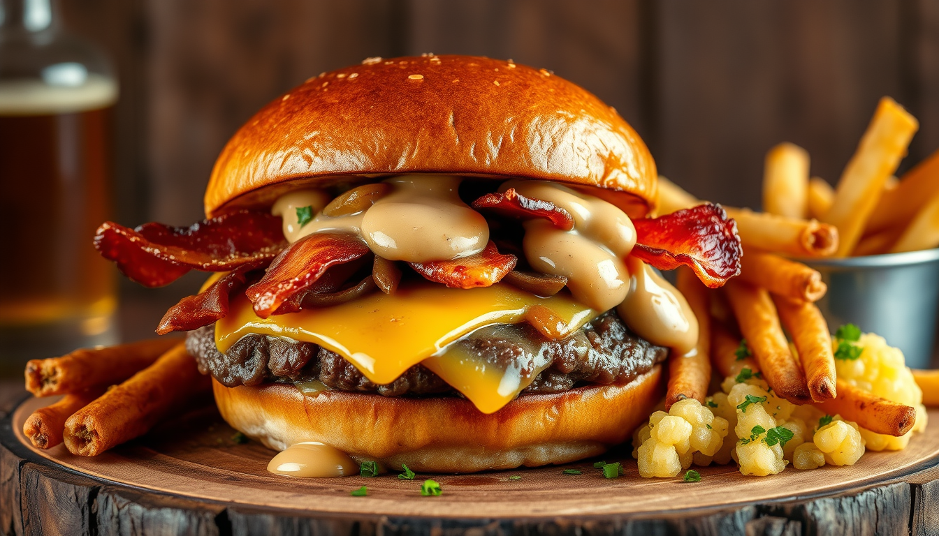 Main art studio: A realistic gourmet fusion burger combining an American cheeseburger with traditional Irish ingredients. A juicy beef patty, melted cheddar cheese, cr