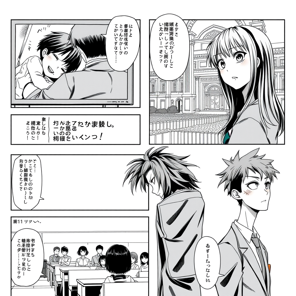 AI Art prompt example created from the prompt: Modern Japanese manga, polished 2020s print style, 5 panels, realistic proportions, confident G-pen ink, varied line weight, crisp black sha