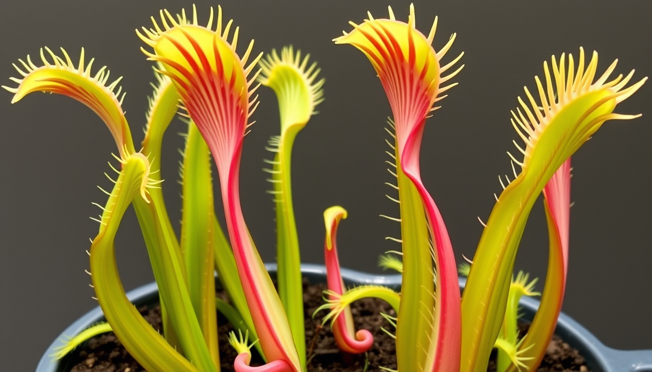 Main art studio: venus flytraps but are taller and bigger and are flatter and have a long and slim stem and are green with a pink hue and are big enough to eat rats an
