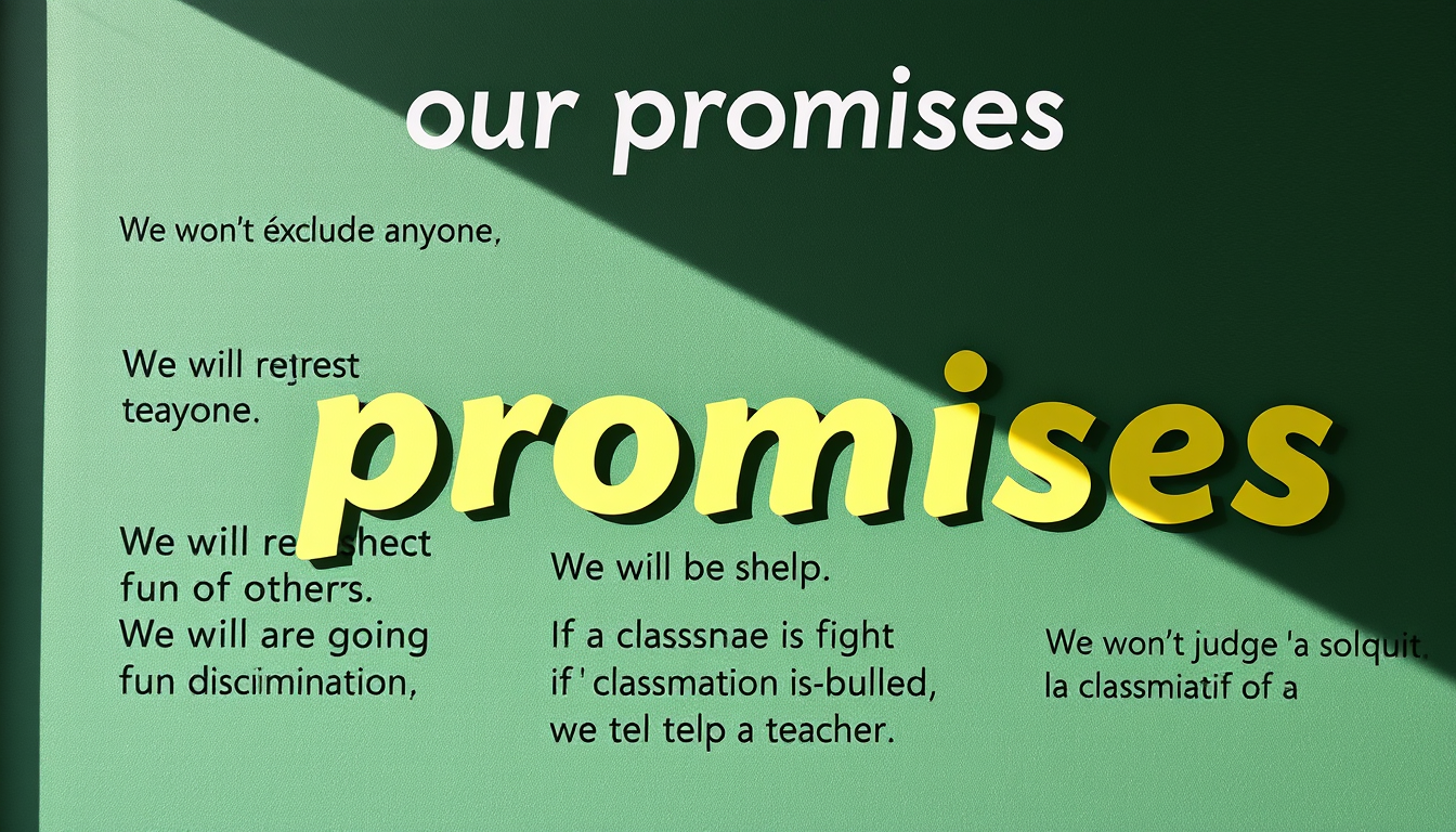 Posters idea: poster composition, vertical 2:3 format, headline-ready negative space, bold focal subject, le titre est" our promises", il y a 8 phrases We won't exc