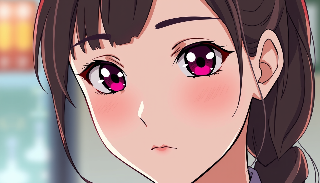 Anime idea: anime style, vibrant colors, expressive eyes, एक mature और natural-looking young woman मंदिर के सामने खड़ी है, उसने सुंदर और साधारण भारतीय सूट पहना हु