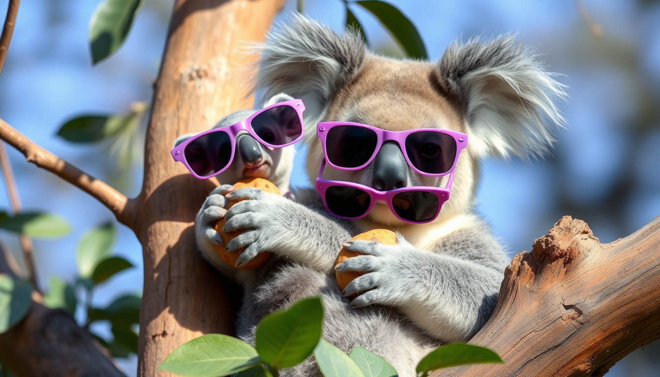 Main art studio: a koala with its baby on a tree. both of the koalas are wearing purple sunglasses, the baby has 2 pigtails. DO NOT FORGET THE PIGTAILS!!! they are eat