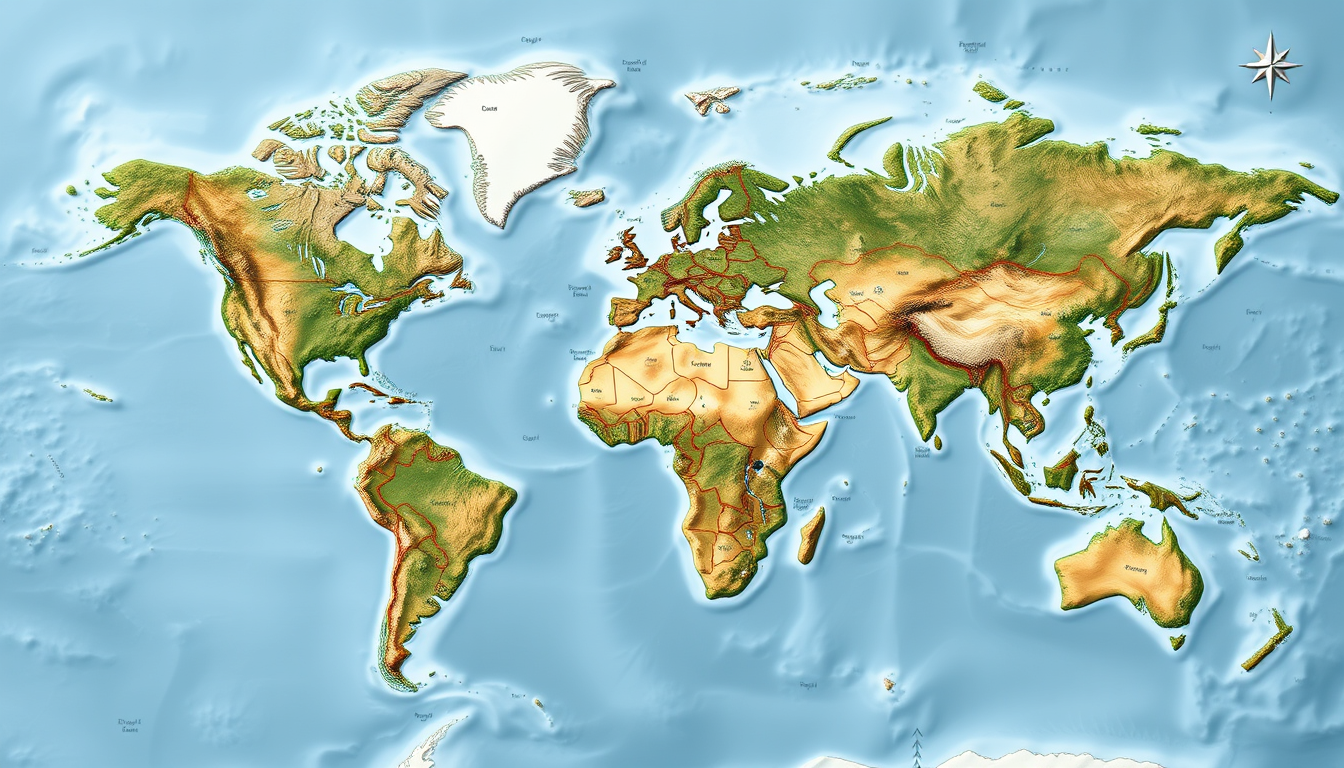 Fantasy Maps idea: a readable fictional world map with coherent coastlines, terrain regions, routes, and landmarks, deliberate composition, eine welt mit 3 grossen konti