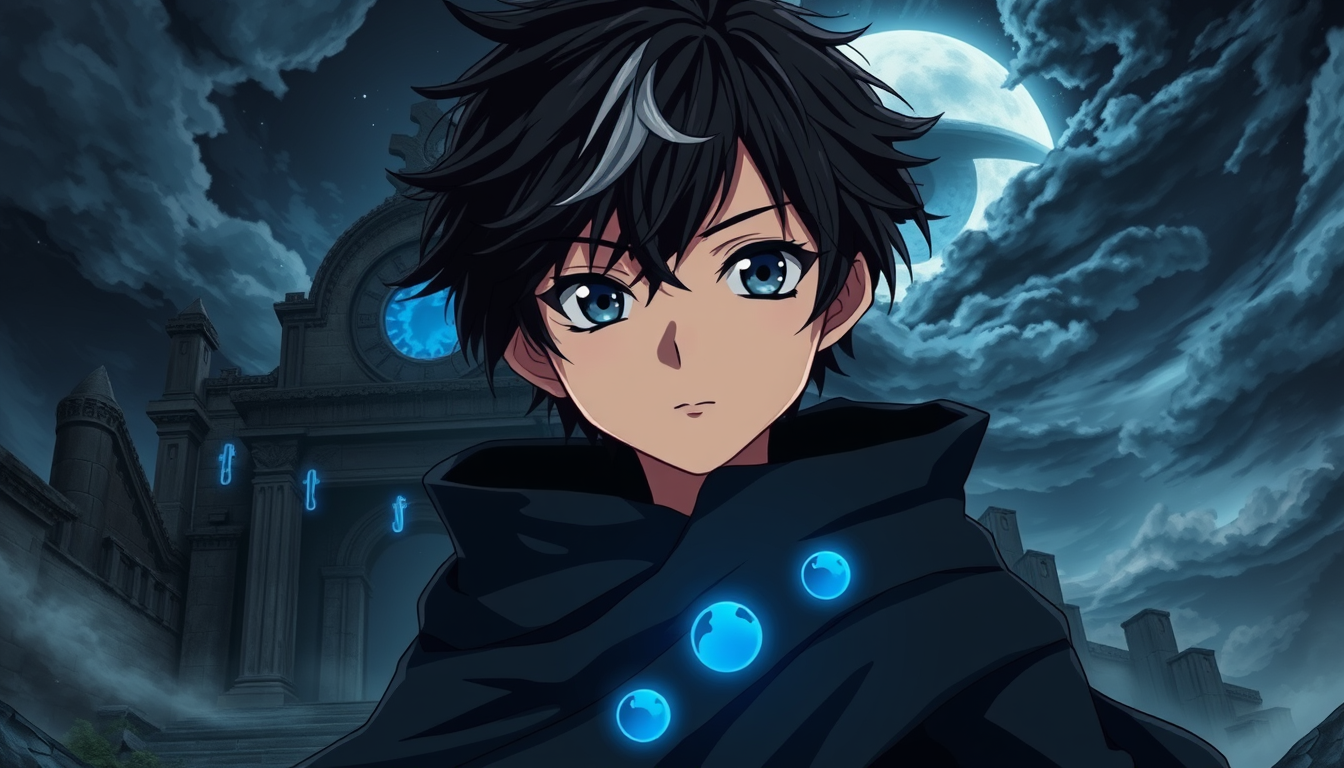 Anime idea: anime style, vibrant colors, expressive eyes, Dark fantasy anime boy with messy black hair, one silver streak, grey-blue eyes, and a charcoal cloak, s