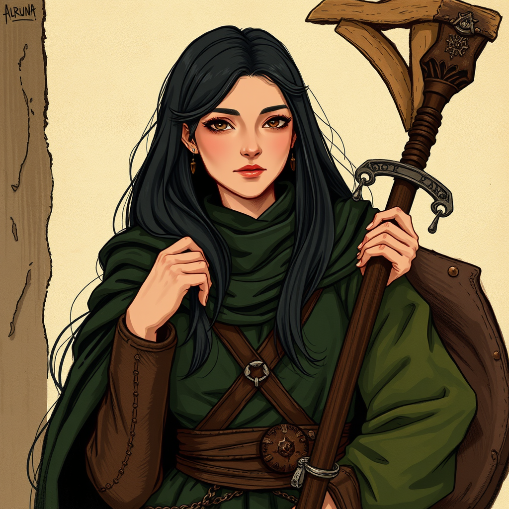 Main art studio: Stilisierte mittelalterliche Fantasy-Illustration: Alruna, etwa 35, hochgewachsen und schmal, olivfarbene Haut, glattes schwarzes Haar mit einzelnen s