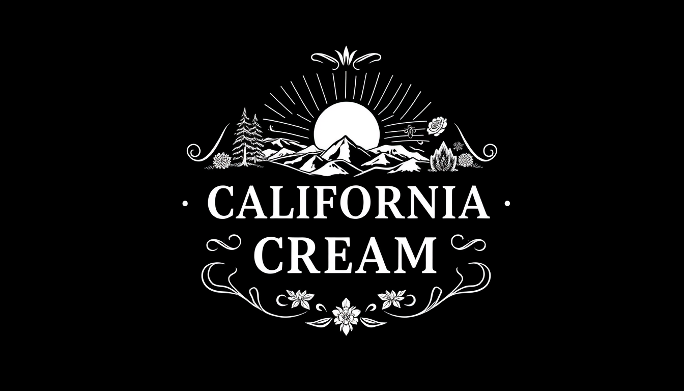 Main art studio: a simple 19. century black and white label. one by one inch. a complex graphic that shows typical california landscape and things. name of the product