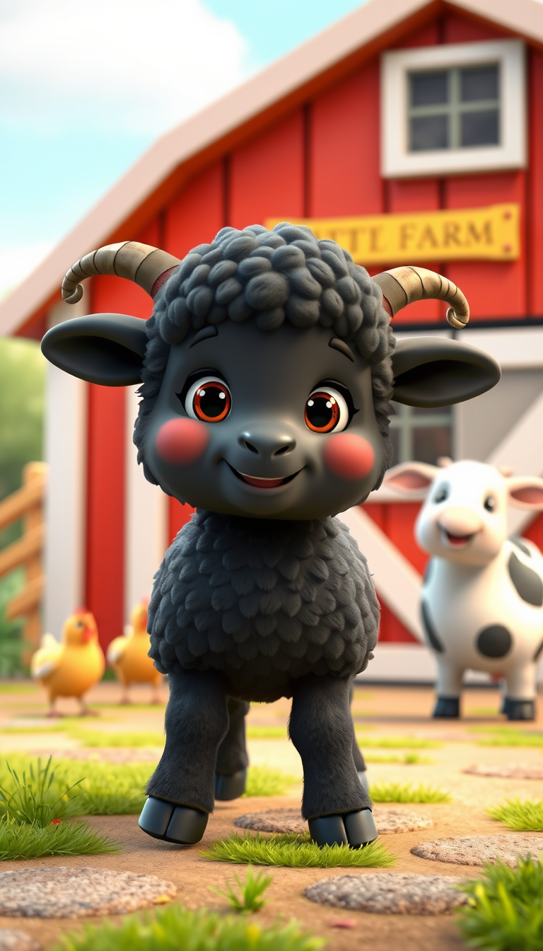 Main art studio: A cute fluffy black sheep with a friendly smiling face, big expressive eyes, small curled horns, soft 3D children's animation style, colorful cheerful