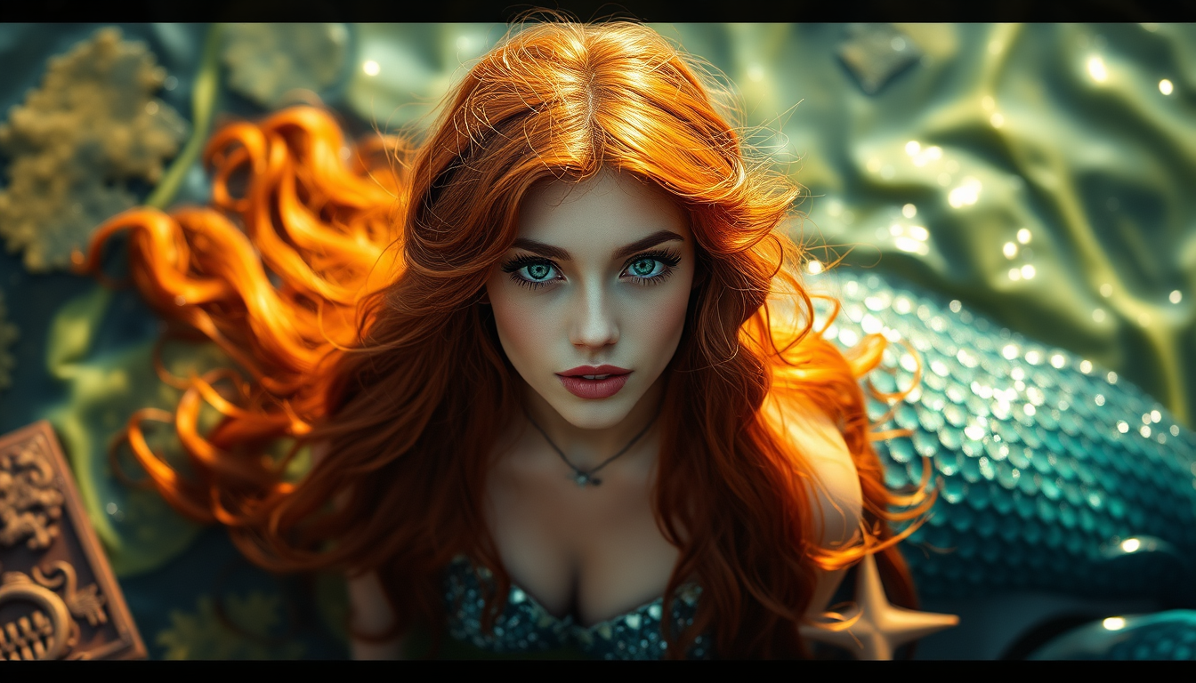 Main art studio: realisical looking mermaid with brown hair and magical bakround