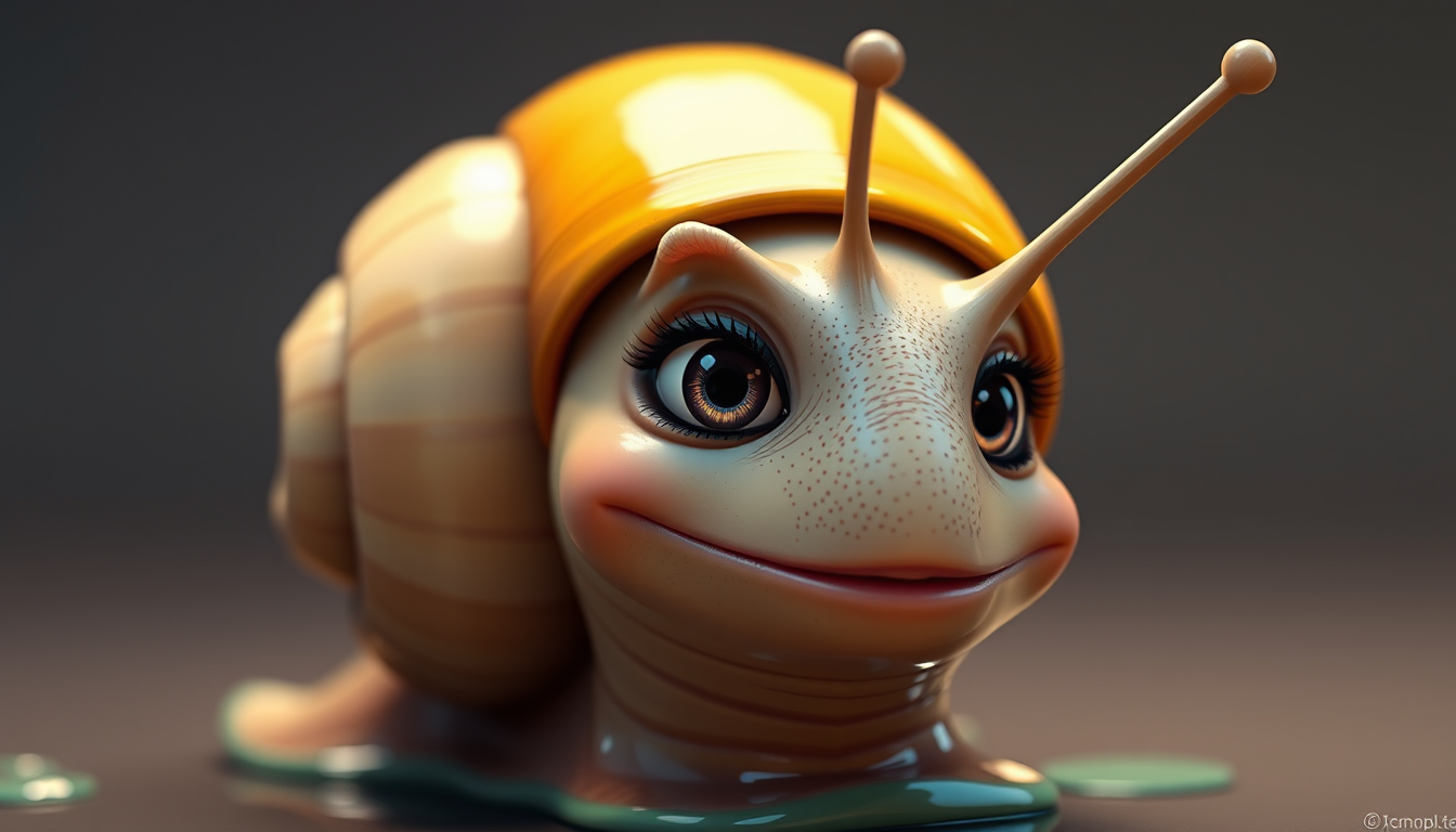 Main art studio: Stylish female anthropomorphic snail, clearly feminine but not childish, beautiful expressive eyes, subtle feminine features, glossy realistic skin, p