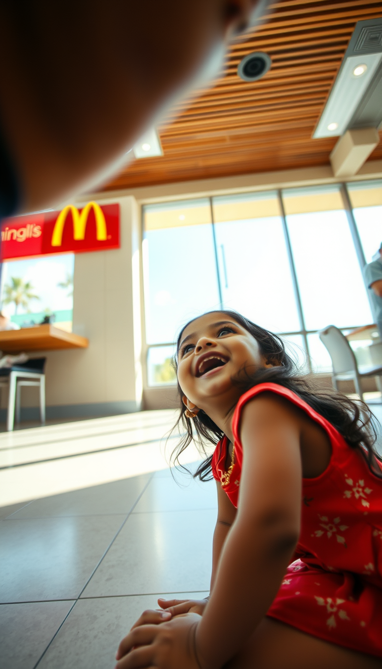 Main art studio: little indian girl in a mcdonalds on her knees with mouth open wide, angle from above looking down on the person. person looking up