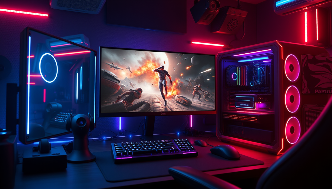 Main art studio: A cinematic gaming setup, powerful gaming PC with RGB lights, large monitor showing an intense video game scene, gaming keyboard and mouse, dark futur