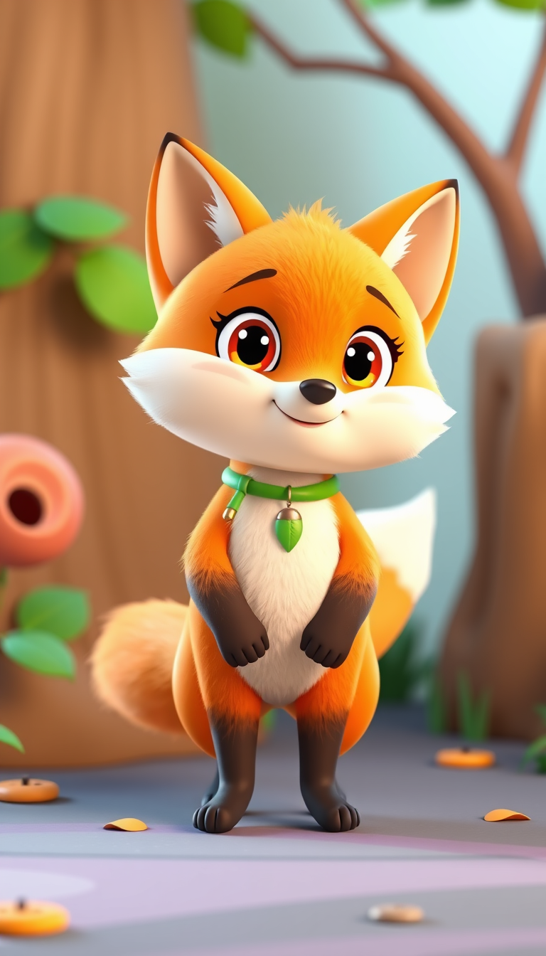 AI Art prompt example created from the prompt: Create a 15-minute 4K preschool animated music video starring Foxy, a cute fluffy orange fox mascot with a round baby-like body, big ears, h