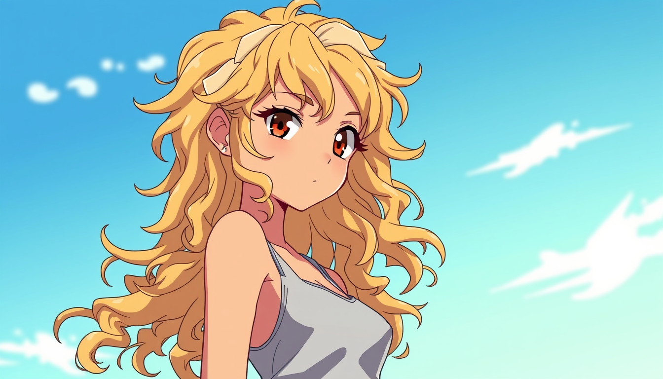 Anime idea: anime style, vibrant colors, expressive eyes, Tan dirty blonde curly long and wavy hair side profile side eye mad light gray tank top and shorts , det