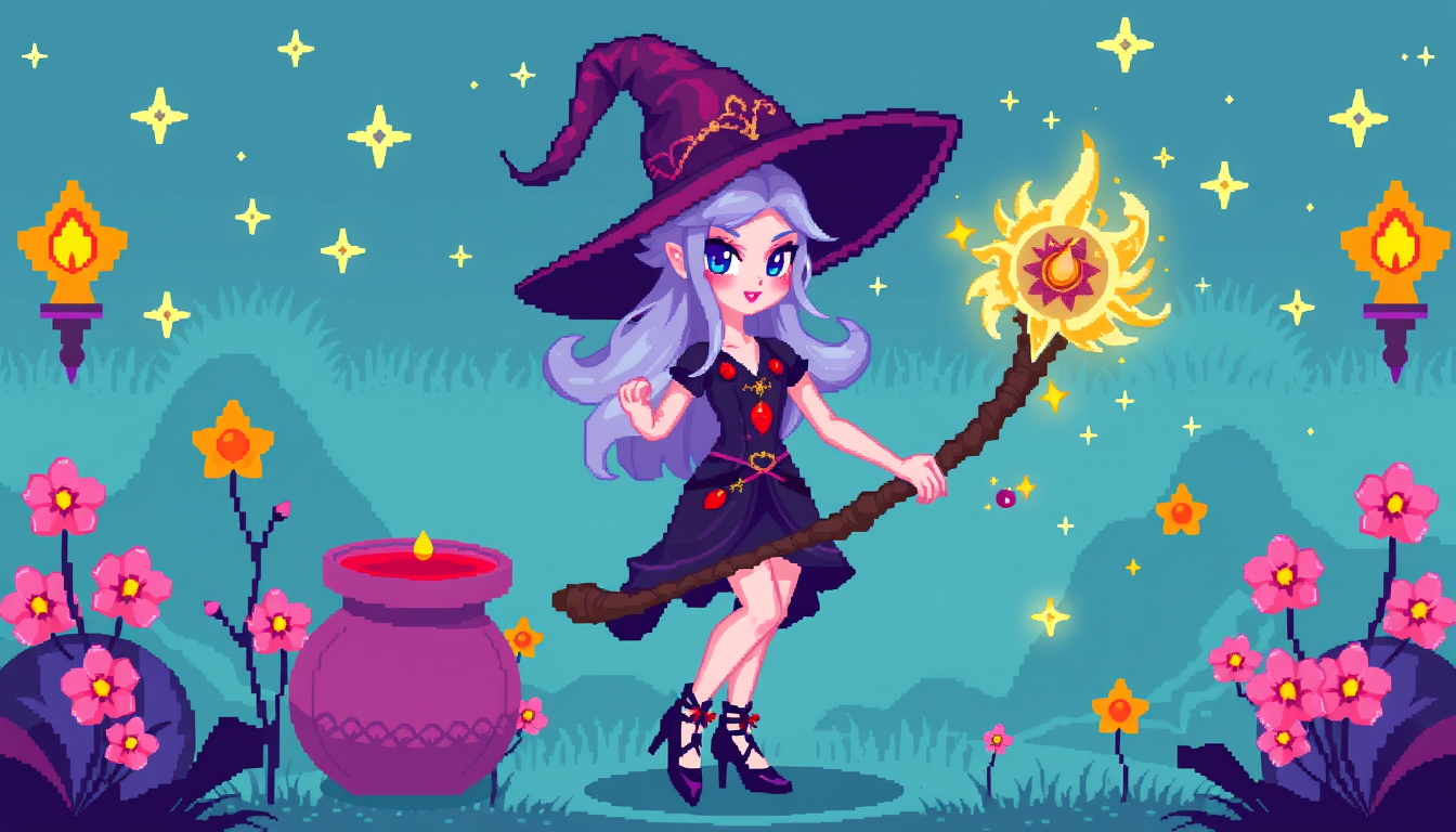 Sprites idea: pixel art game sprite, clean pixel grid, retro 16-bit palette, fleur delacour beautiful veela witch, magic.io game sprite sheet looking right , game-r