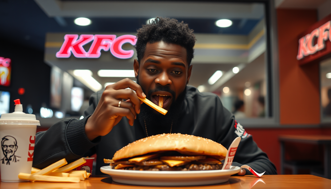 AI Art prompt example created from the prompt: a black guy eating kfc