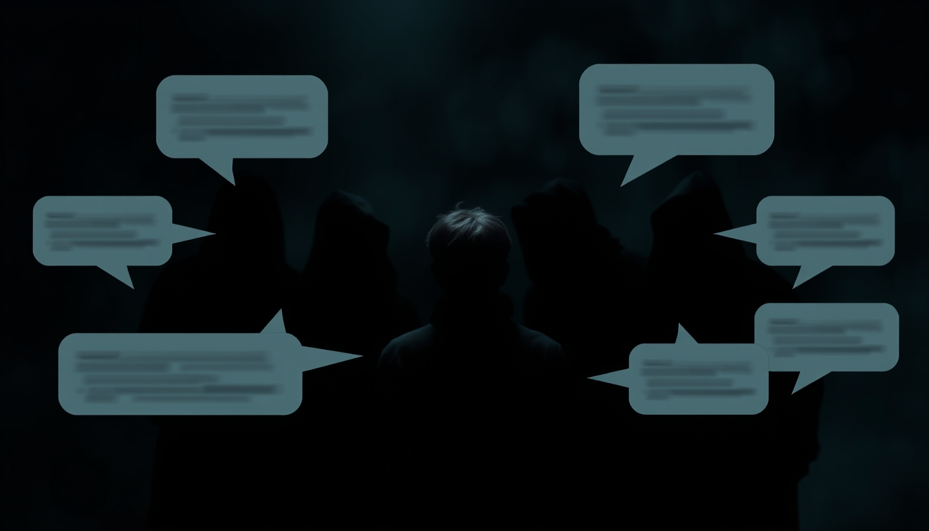 Main art studio: A symbolic composition showing several mysterious shadowy figures giving conflicting opinions around a frightened person, speech bubbles represented o
