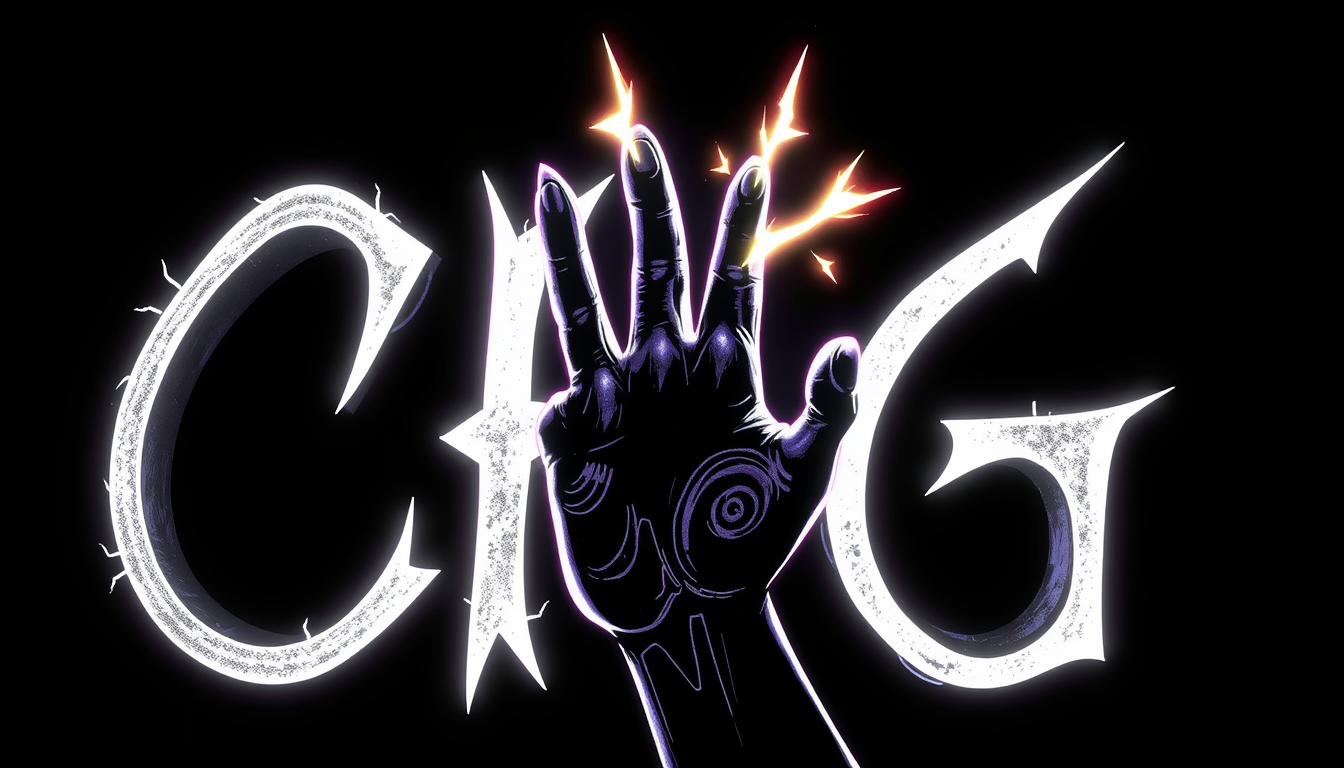 Main art studio: Schwarzer/dunkelvioletter Hintergrund + riesiges weißes „CHG“ mit Neonviolettem Rand + stylisierte verrückte Hand hinter dem „G“ + wenige Blitze.