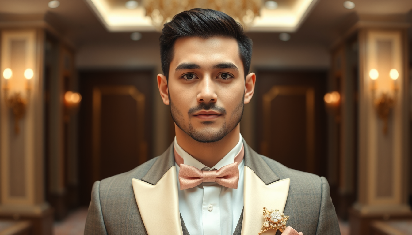Main art studio: Keep my face unchanged. Make me wear an elegant groom suit, realistic photo, wedding hall background, high quality.