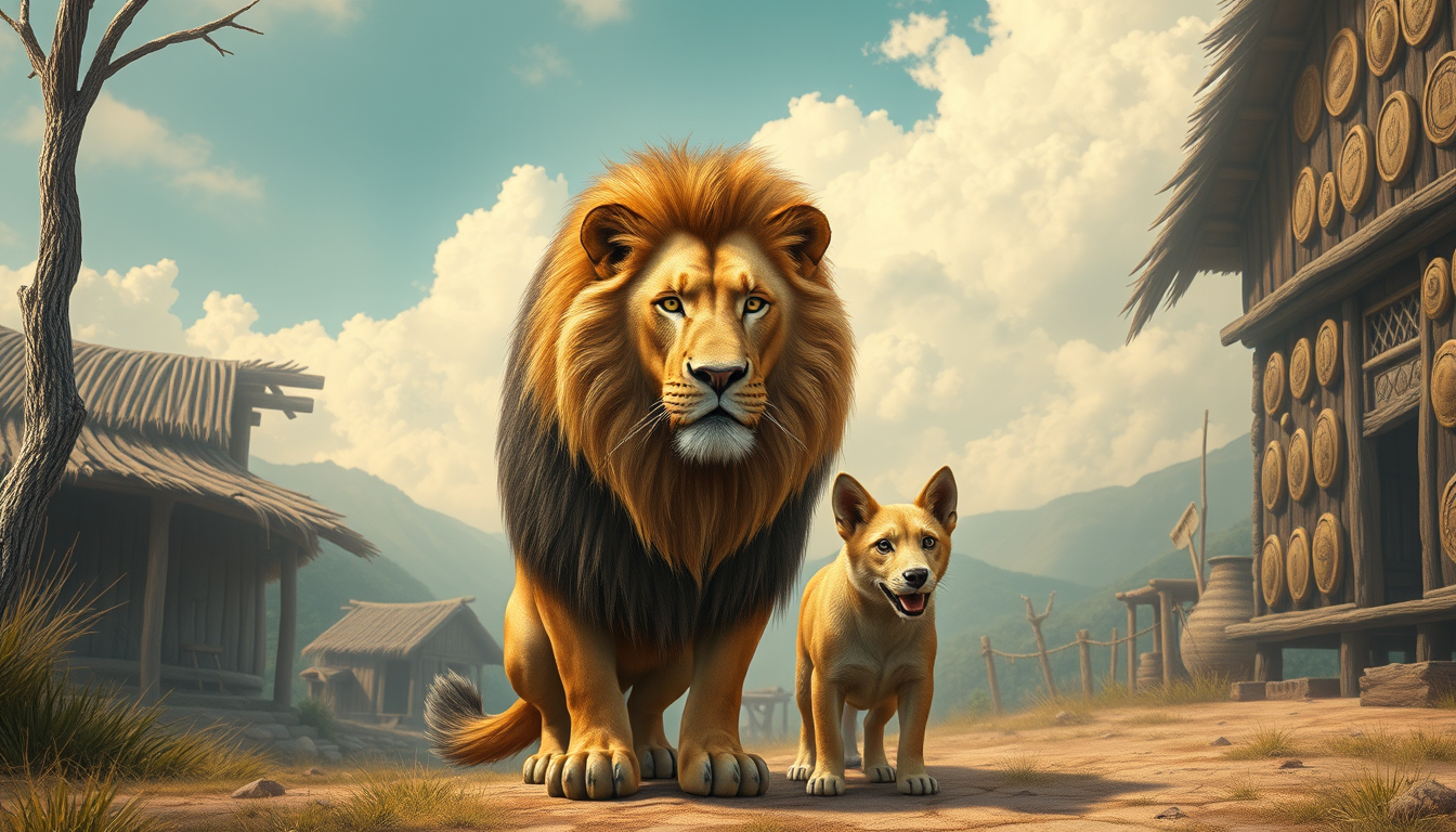 Main art studio: CREATE A IMAGE A LION IN THE VILLAGE WITH A DOG