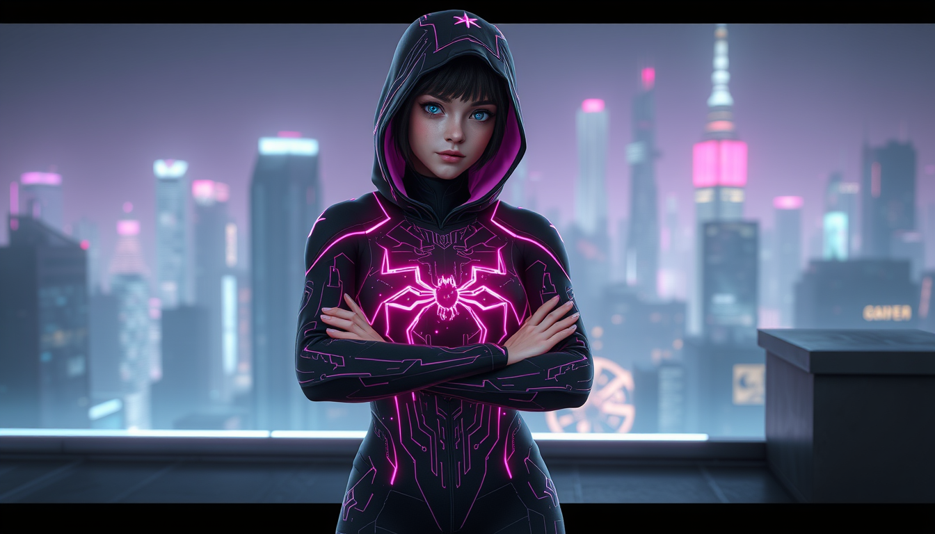 Main art studio: Original superhero WebWraith. Teenage girl in a sleek, fully covered black hooded suit with glowing magenta futuristic circuitry patterns and glitch f