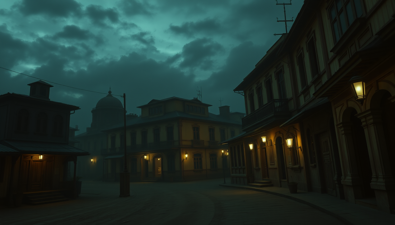 Main art studio: Ultra photorealistic 4K cinematic historical scene, a quiet Indian town in 1940 at midnight, old colonial buildings, narrow deserted streets, dim lant