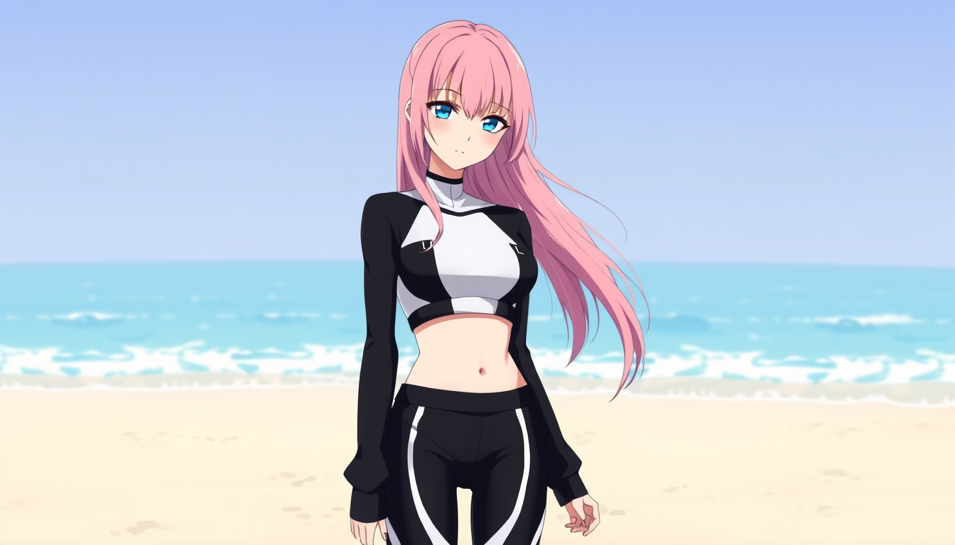 Main art studio: A anime women / femboy, she has pink hair with blue eyes, she's wearing a black and white crop. Black and white leggings standing on a beach
