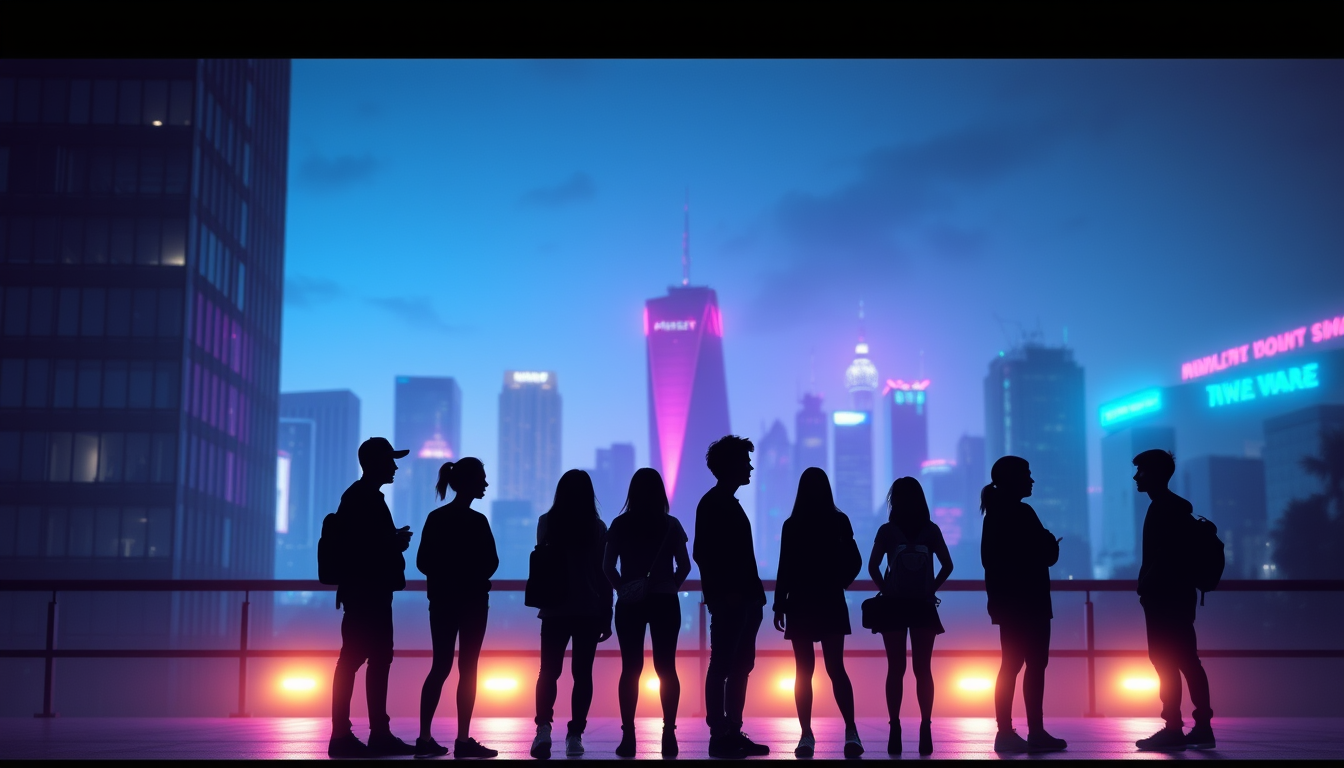 AI Art prompt example created from the prompt: Modern cinematic PowerPoint background about youth and teenage life, a group of diverse teenagers shown as subtle silhouettes standing toget