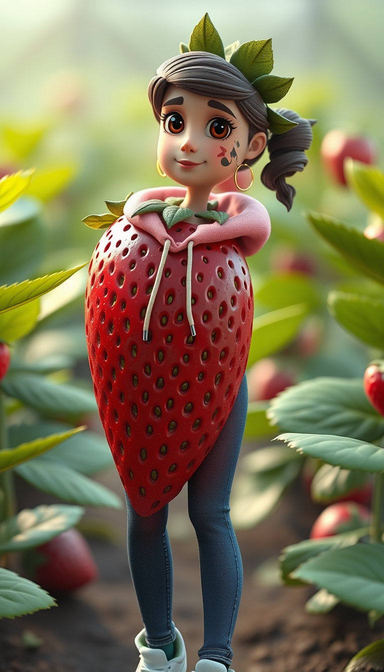 Main art studio: Create a high-quality cinematic 3D animated AI Fruit scene in a vertical 9:16 format. Strawberina is an anthropomorphic strawberry woman with bright r