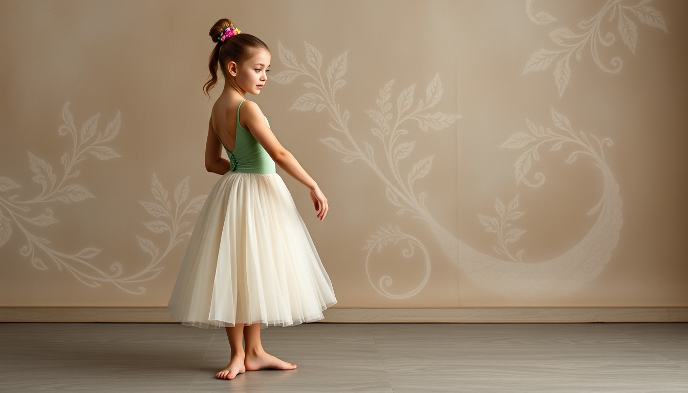 Main art studio: design me a lyrical dance costume for a 12 year old with a pastel green top and an ivory kneel lenght skirt that is a front peice and an unconnected b