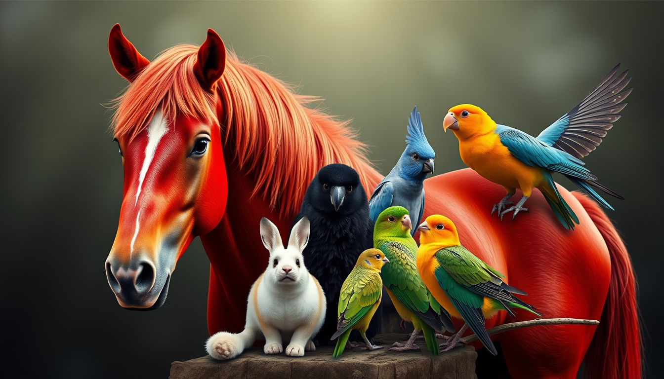 Main art studio: A red horse with a White snip + 1 chihahua dog + 2 bunnys 1 White lion head and 1 Black + 1green bird + 1 Blue bird its to a background