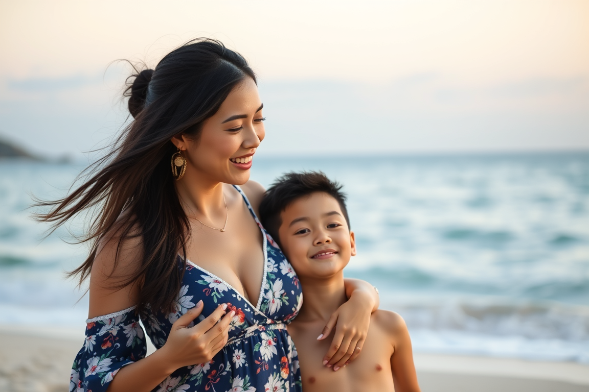 Main art studio: Asian woman with european boy on beach