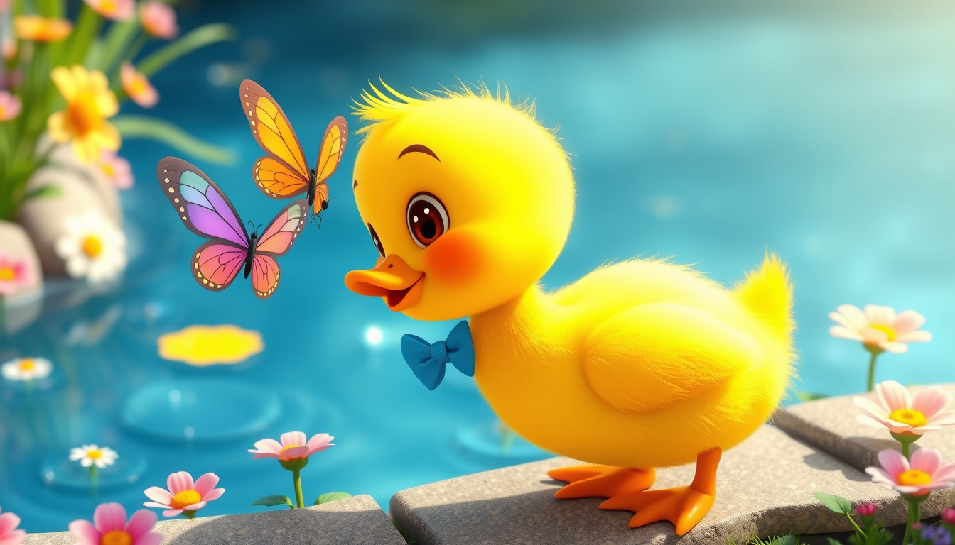 Main art studio: The same cute little yellow duckling with round cheeks, big shiny brown eyes, a tiny orange beak, and tiny orange feet, wearing a small blue bow tie,