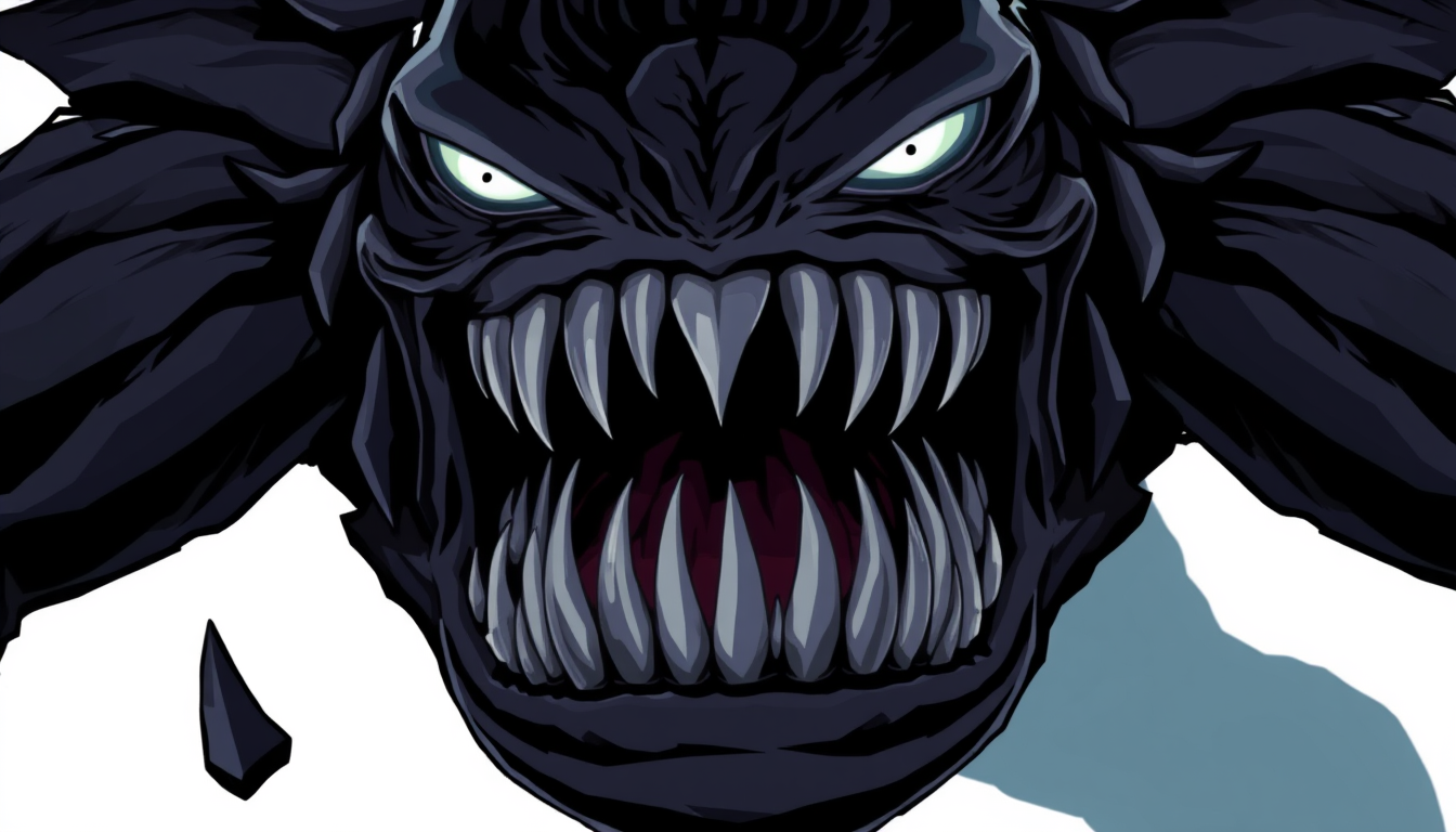Main art studio: A terrifying giant black horror monster for a 2D video game, enormous head, gigantic mouth wide open, rows of long sharp crooked teeth, glowing white