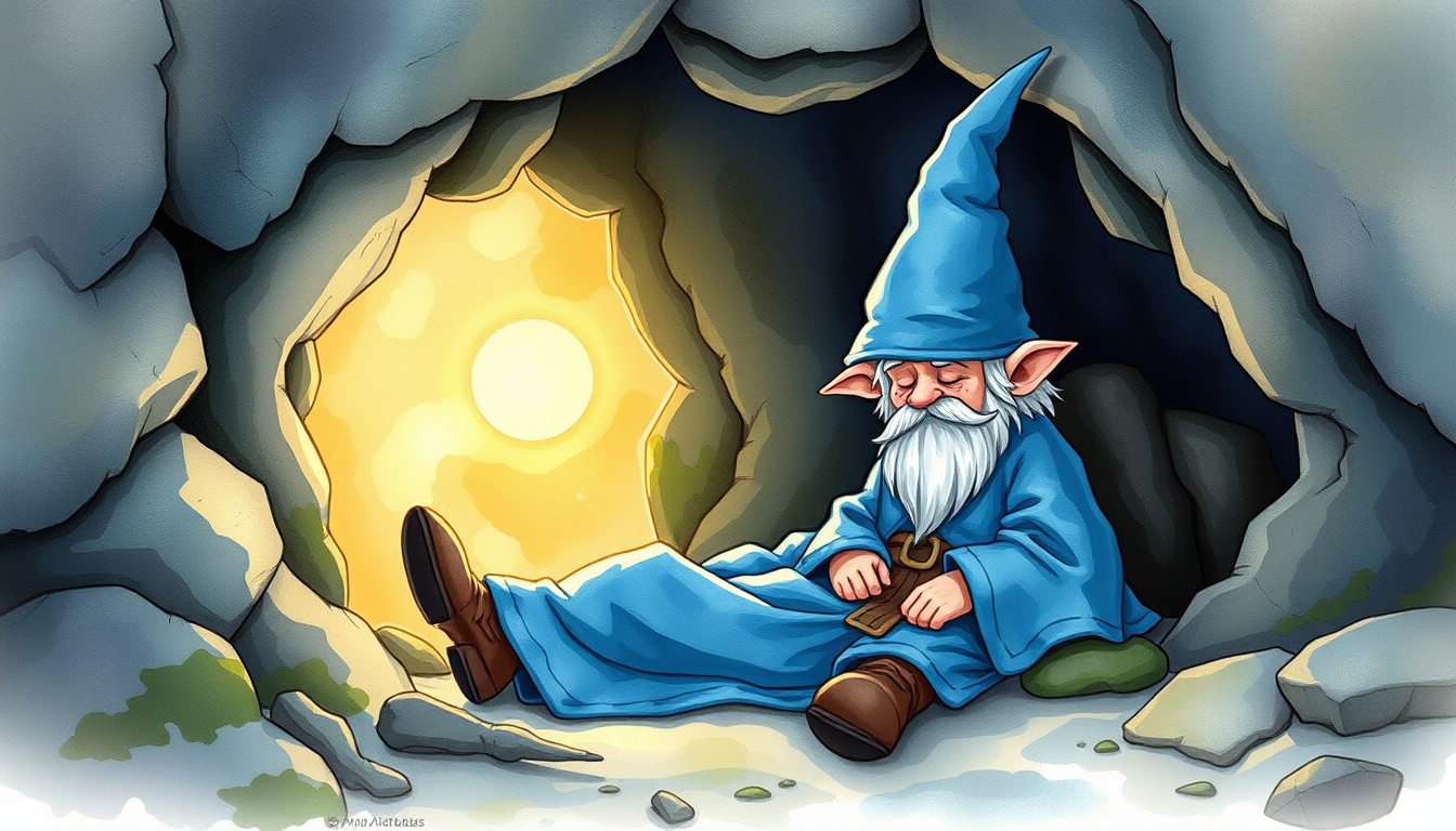 Main art studio: create a watercolor style picture of a halfling wizard dressed in blue robes and pointy blue hat sleeping near a cave