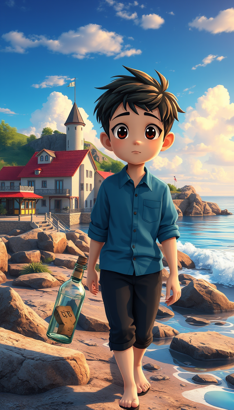 Anime idea created from the prompt: anime style, vibrant colors, expressive eyes, A 14-year-old boy named Adam, with short black hair, brown eyes, a blue shirt and dark pants,